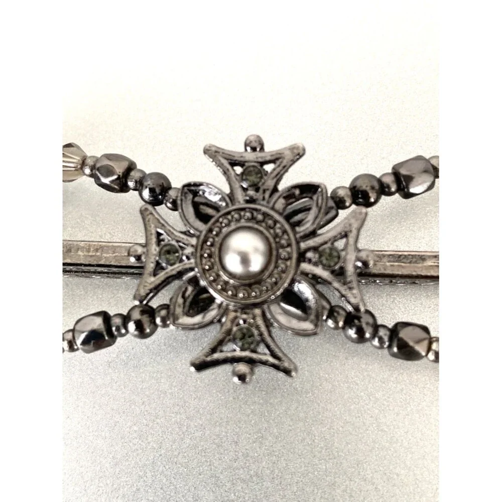 Irose Japanese Gunmetal Beaded Cross Barrette Pearl Accent Bridal Party Festival